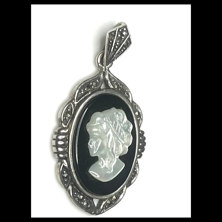 Vintage Sterling Silver and Marcasite Cameo Pendant - 4