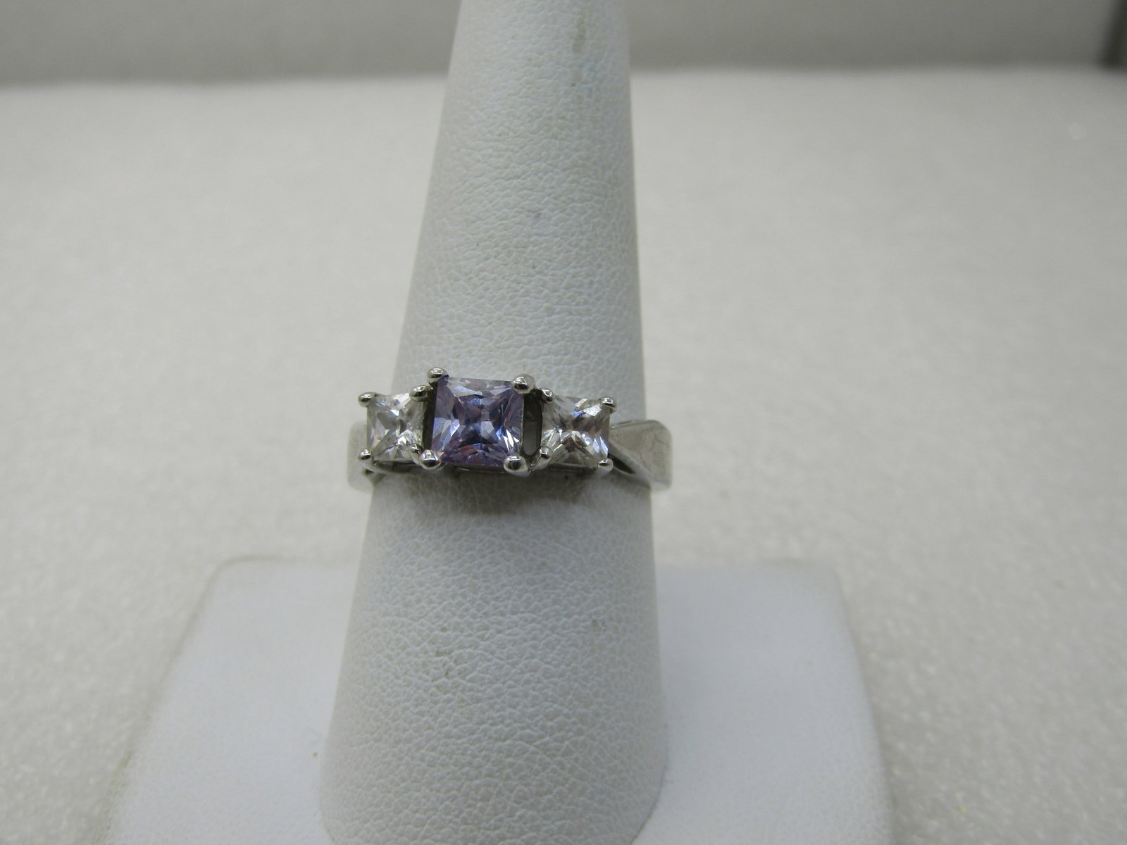 Purple & Clear CZ Ring, Sz. 9, Square Tiered, Rhodium/Silver Plated (1 of 9)