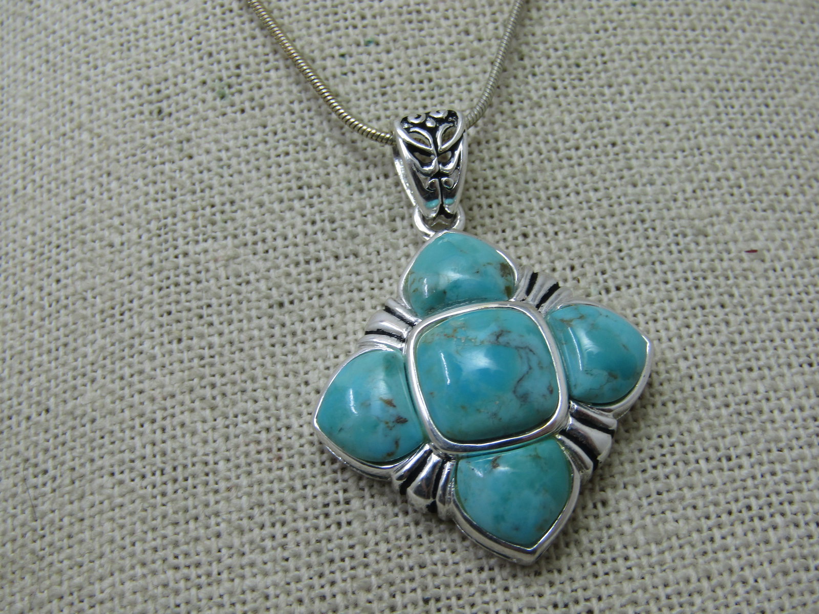 Southwestern Faux Turquoise Necklace, Silver Tone, 24" Snake Chain - 3