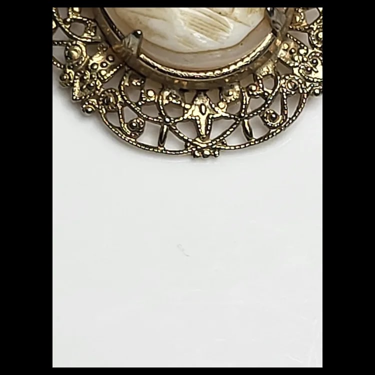 Vintage Hand-Carved Shell Cameo Filigree Brooch - 4