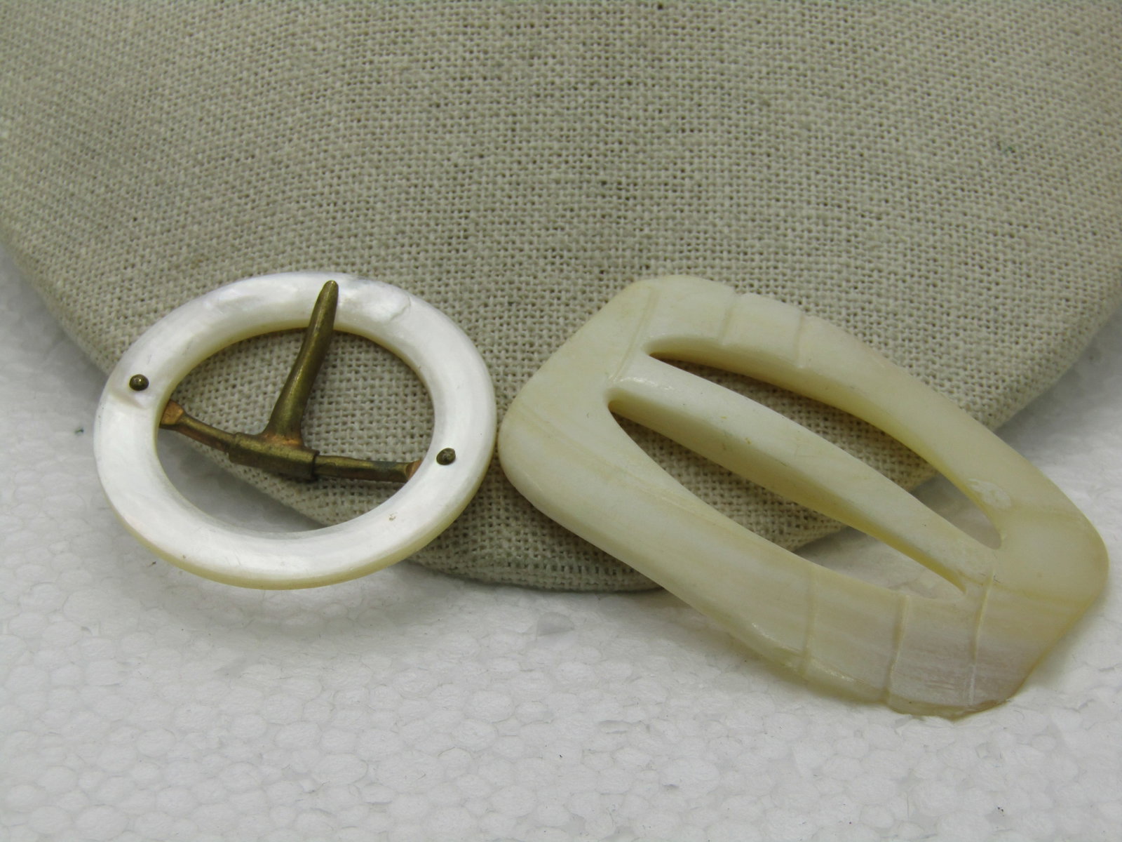 Vintage Early 1900's Mother-of-Pearl Buckles, One slide, One With Brass Mechanism, 1920's or earlier (1 of 4)