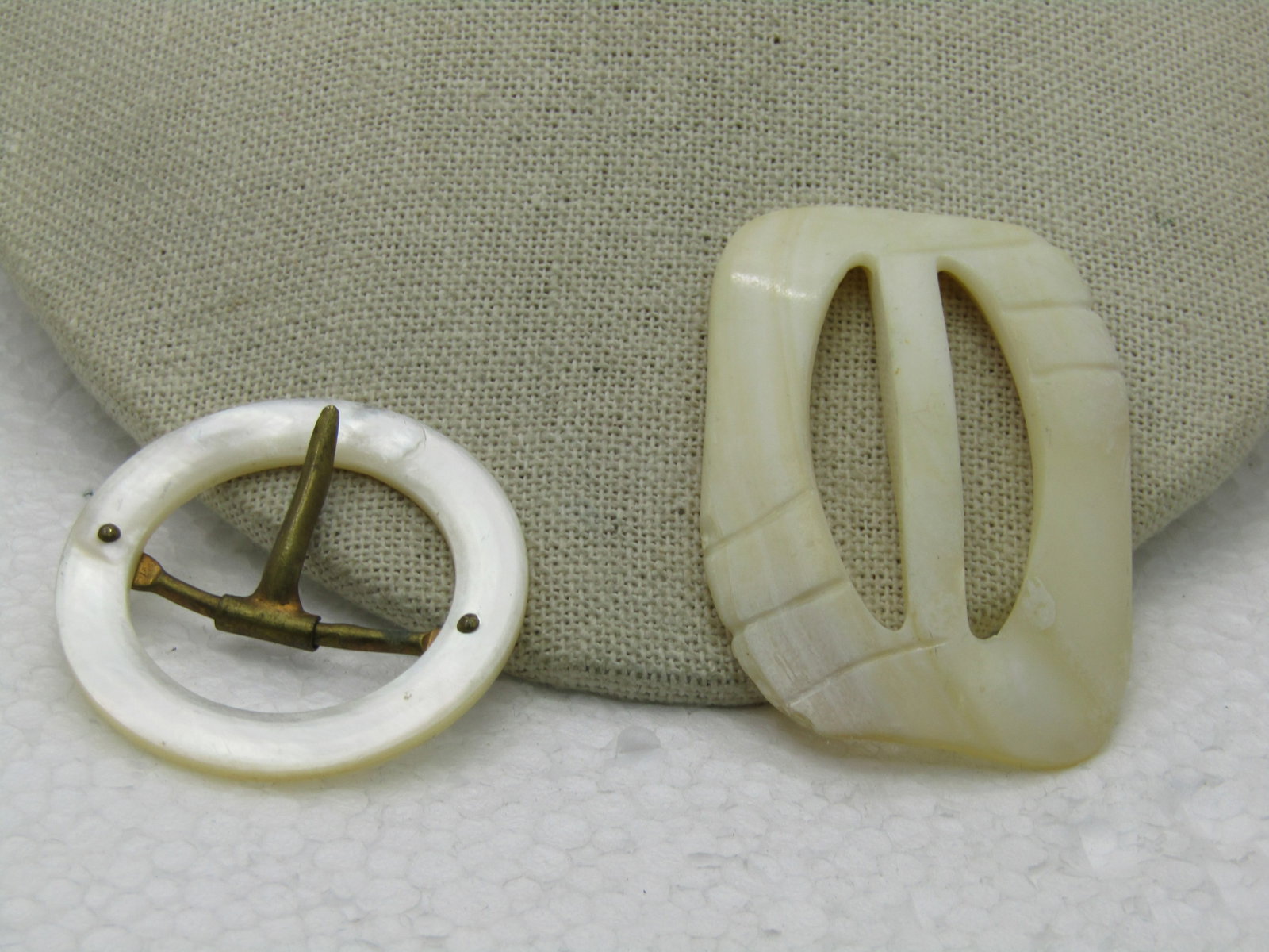 Vintage Early 1900's Mother-of-Pearl Buckles, One slide, One With Brass Mechanism, 1920's or earlier - 2