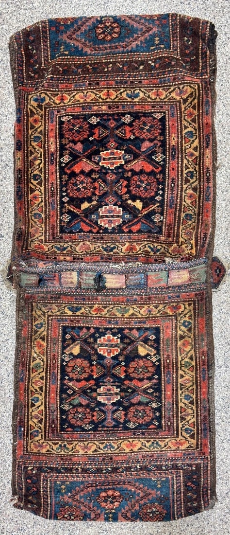 Hand Knotted Collectible Antique Wool Double Saddle Bag Tribal Art 1'9" x 4'3": Title:Hand-Knotted Antique Persian Farahan Tribal Double Saddle Bag Wool Rug 1'9" x 4'3" Description:• Rug Number: 11309 • Country of Origin: Iran • Style, Design: Persian Farahan, Doub