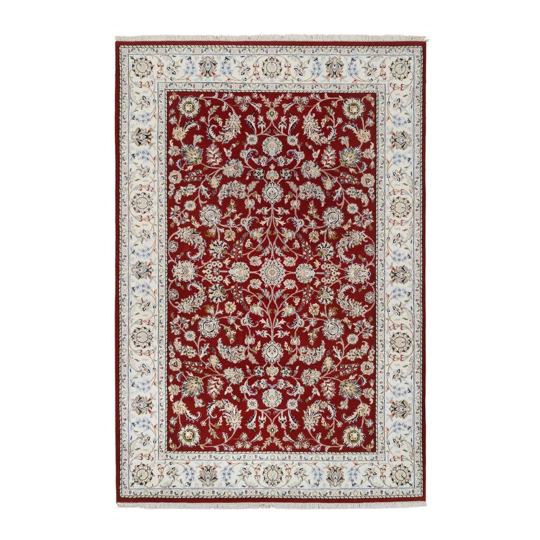 Cherry Red Nain Flower Design 250 KPSI Wool Hand Knotted Oriental Rug: Title: Cherry Red Nain Flower Design 250 KPSI Wool Hand Knotted Oriental Rug Description:This is a truly genuine one-of-a-kind. It has been Knotted for months and months in the centuries-old weaving c