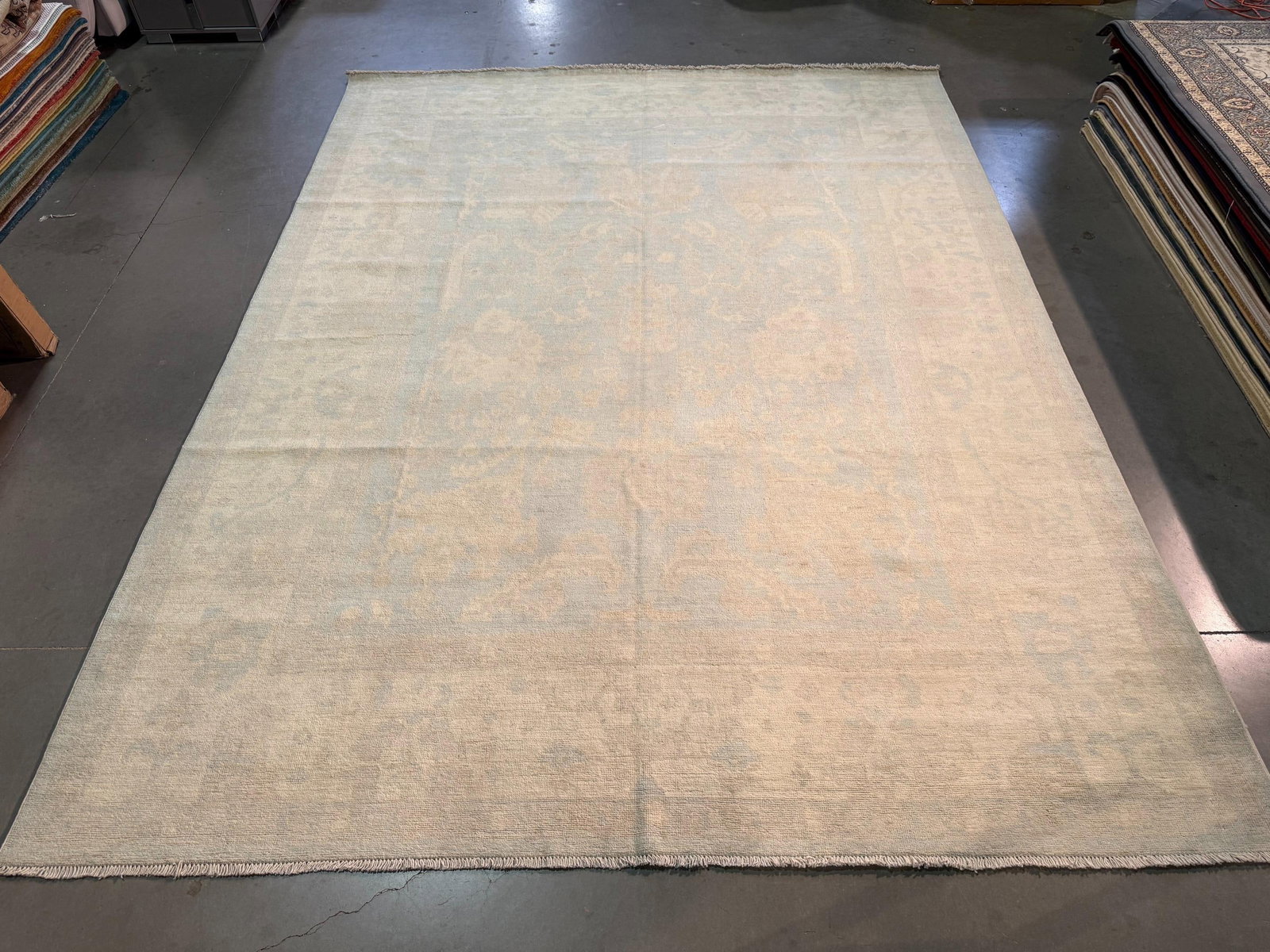 Stunning Chobi Rug 9x11.9: Title:Stunning Chobi Rug 9x11.9 Description:9x11.9 Magnificent Hand Knotted Antique Reproduction Chobi Rug , Hand Spun and Vegge Dye 100% wool pile in muted antique light blue and Ivory colors Hand wo