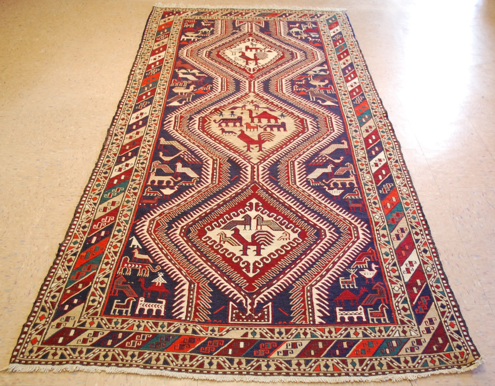 CAUCASIAN SOUMAK KILIM 4.3x9.5: Title: CAUCASIAN SOUMAK KILIM 4.3x9.5 Descritpion:ANTIQUE EXCLUSIVE VEGETABLE DYE HIGH KPSI HIGHLY DETAILED WITH MANY SUBJECTS INCLUDING HUMANS CAUCASIAN SOUMAK or SUMAKH KILIM FLAT WEAVE