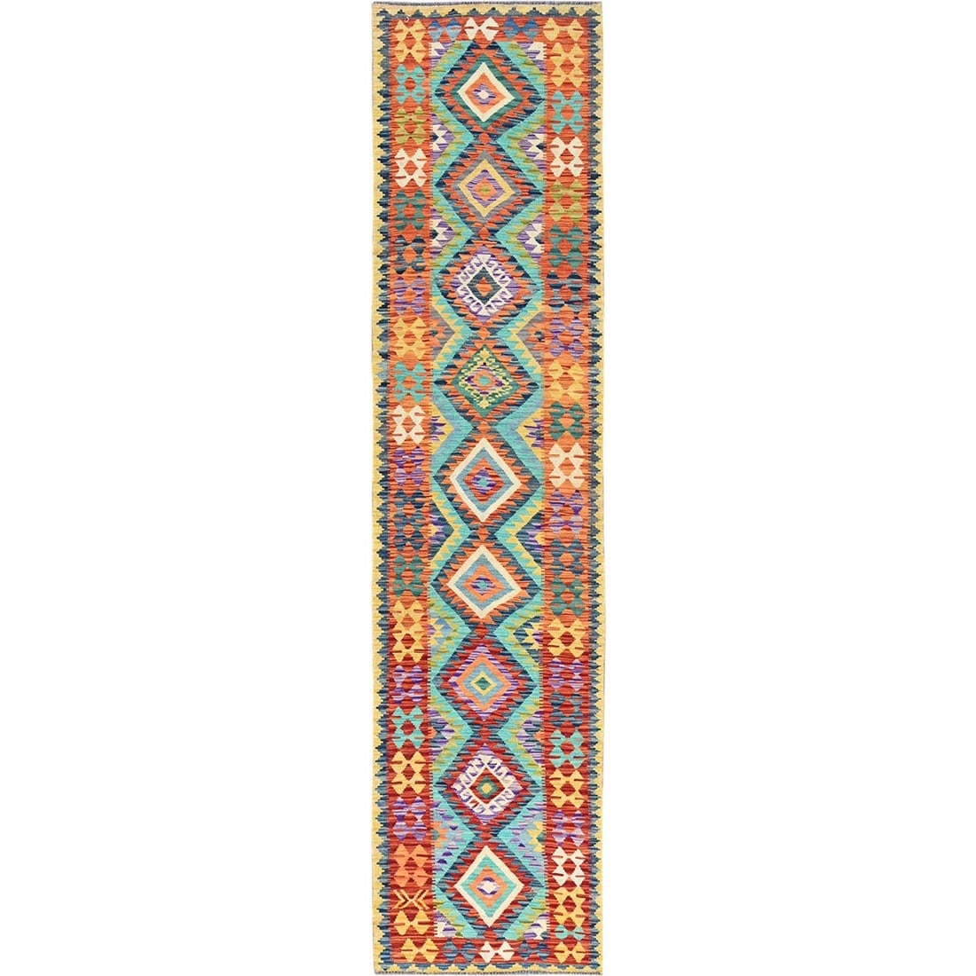 Aqua Blue Flat Weave Geometric Afghan Kilim Hand Woven Wool Runner Rug (1 of 6)