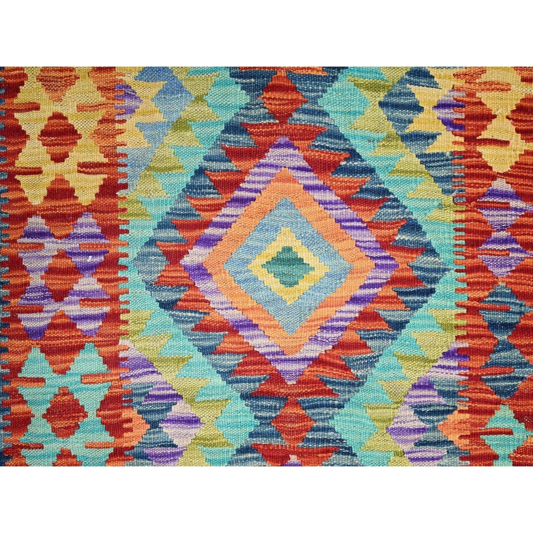 Aqua Blue Flat Weave Geometric Afghan Kilim Hand Woven Wool Runner Rug - 2