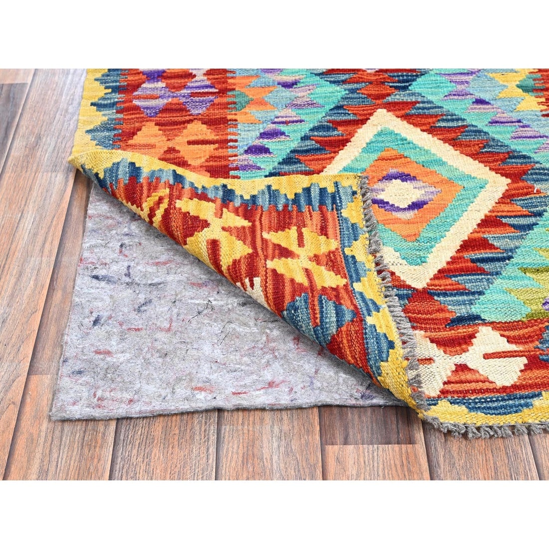 Aqua Blue Flat Weave Geometric Afghan Kilim Hand Woven Wool Runner Rug - 3
