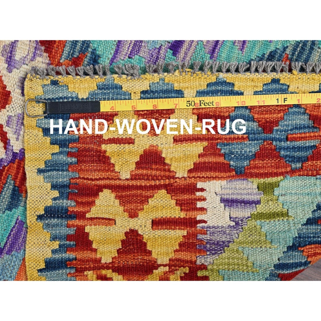 Aqua Blue Flat Weave Geometric Afghan Kilim Hand Woven Wool Runner Rug - 6