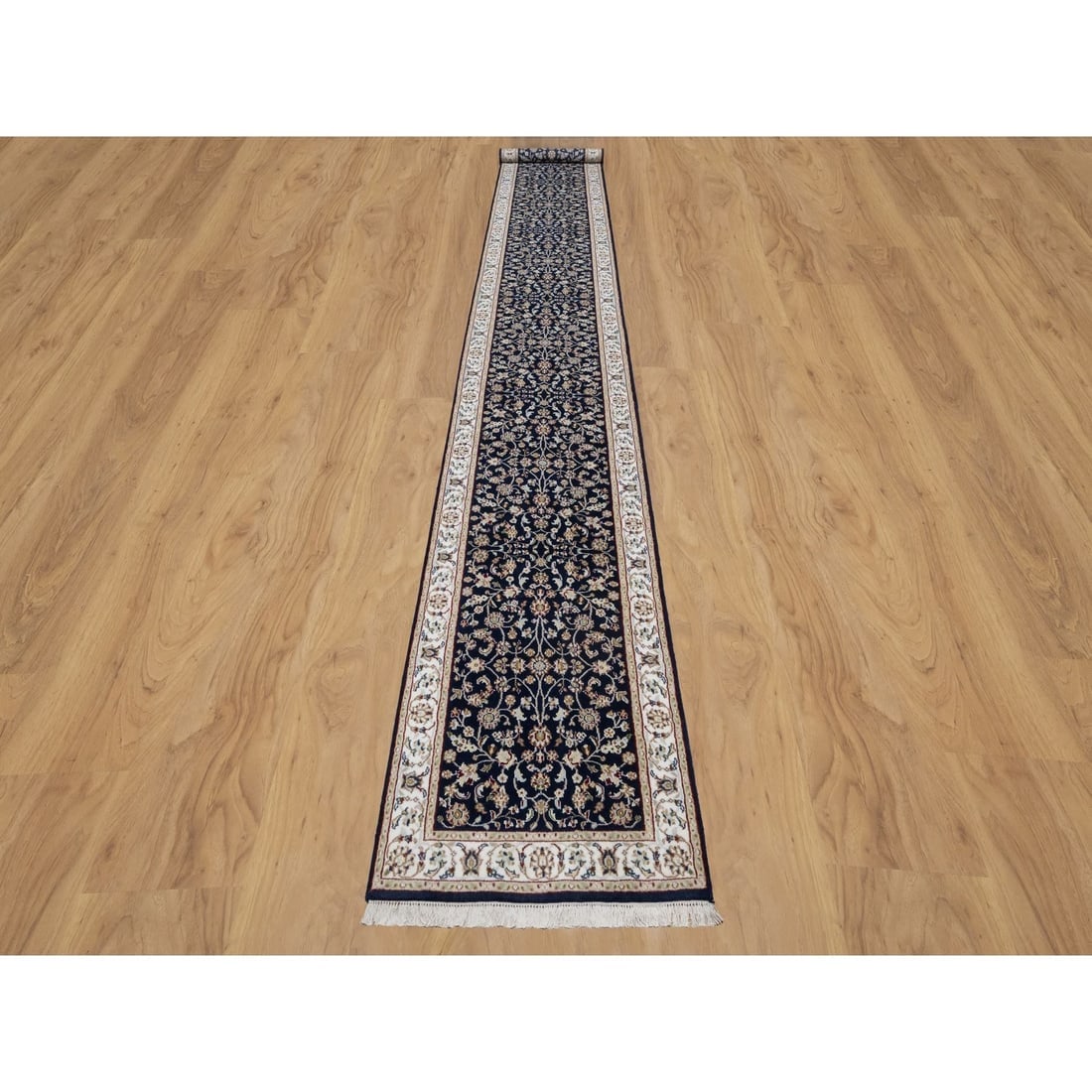 Midnight Blue Nain with Flower Design Wool and Silk Hand Knotted Rug - 2