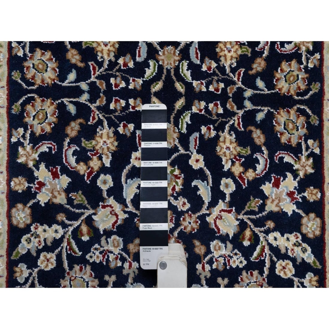 Midnight Blue Nain with Flower Design Wool and Silk Hand Knotted Rug - 4