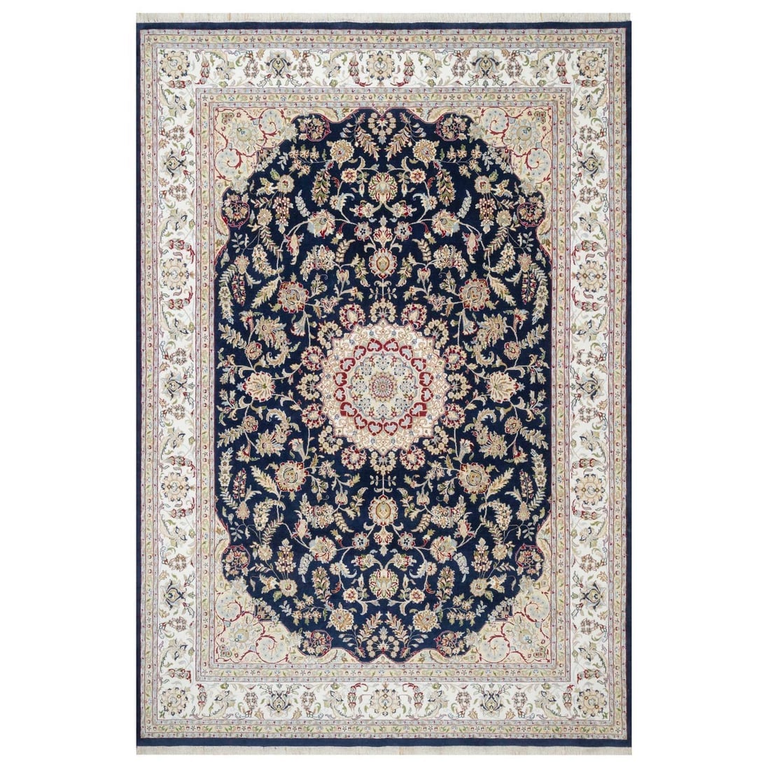Vulcan Blue, Hand Knotted, Nain Design, 250 KPSI Wool and Silk Rug: Title: Vulcan Blue, Hand Knotted, Nain Design, 250 KPSI Wool and Silk Rug Description:This is a truly genuine one-of-a-kind. It has been Knotted for months and months in the centuries-old weaving craf