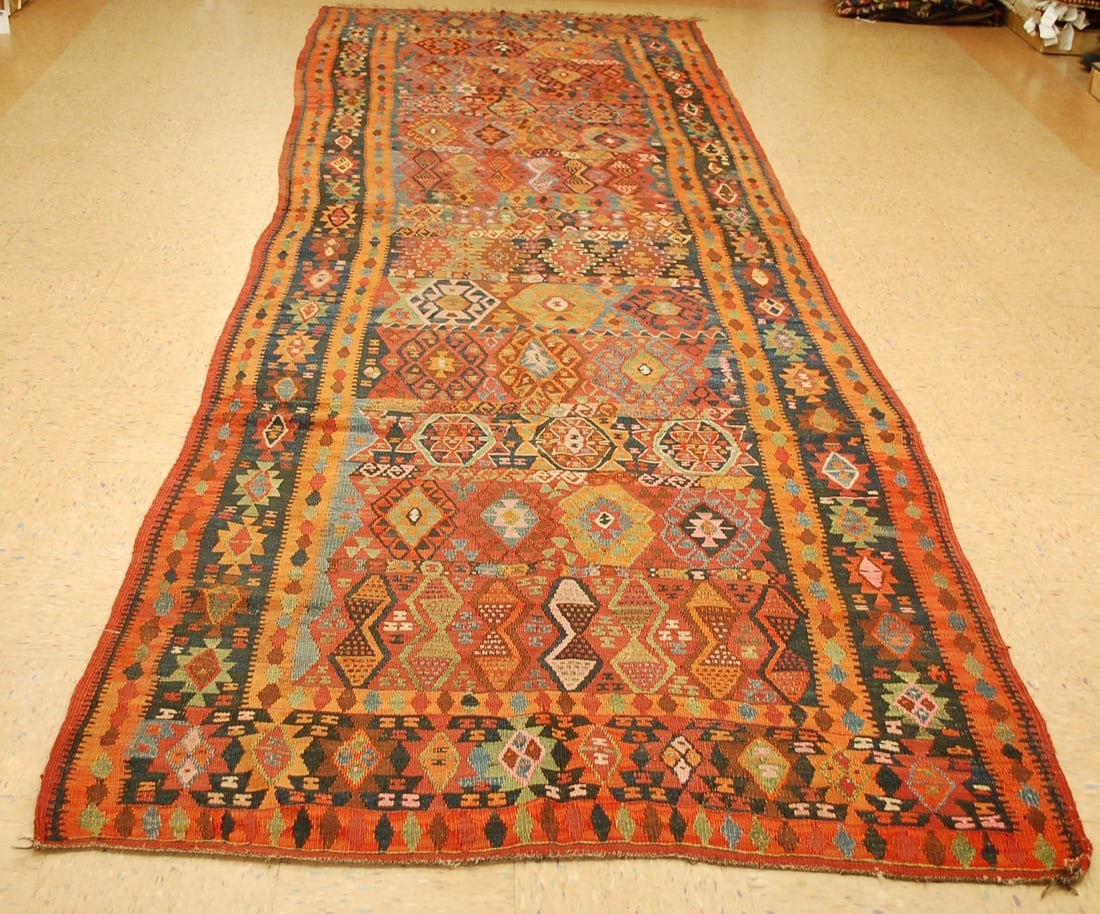 CAUCASIAN KILIM 4.8x15.6: Title: CAUCASIAN KILIM 4.8x15.6 Descritpion: ANTIQUE FINE WOVEN SUPER FINE CAUCASIAN KILIM FLAT WOVEN RUG HIGHLY DETAILED DESIGN.......exact and very rare size of 4' 8" x 15' 6" colors including Yello