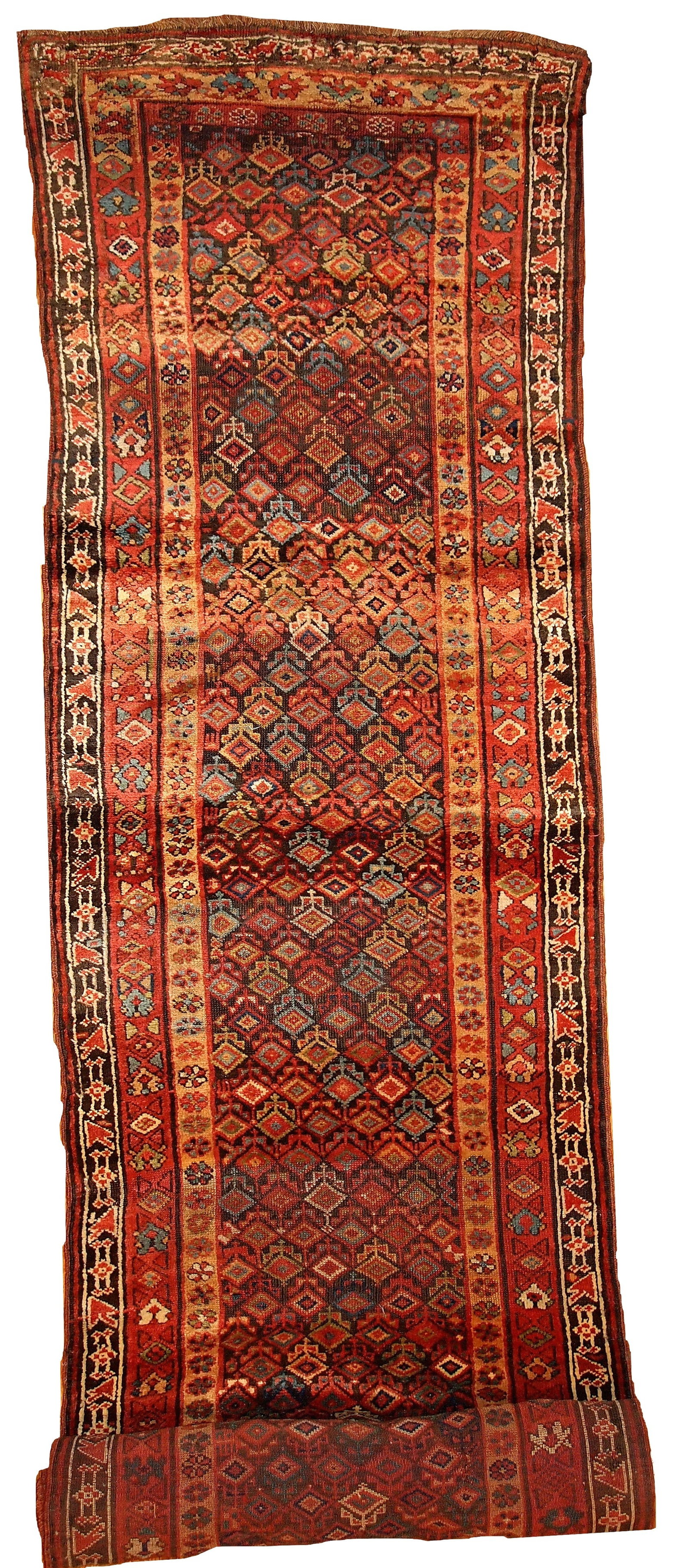 Handmade antique Persian Kurdish runner 3.6' x 17.8' ( 109cm x 542cm ) 1880s: Title: Handmade antique Persian Kurdish runner 3.6' x 17.8' ( 109cm x 542cm ) 1880s Origin:Persia Dimensions: 3.6' x 17.8' ( 109cm x 542cm ) Materials:wool Year:1880s Description:Antique hand made Kur