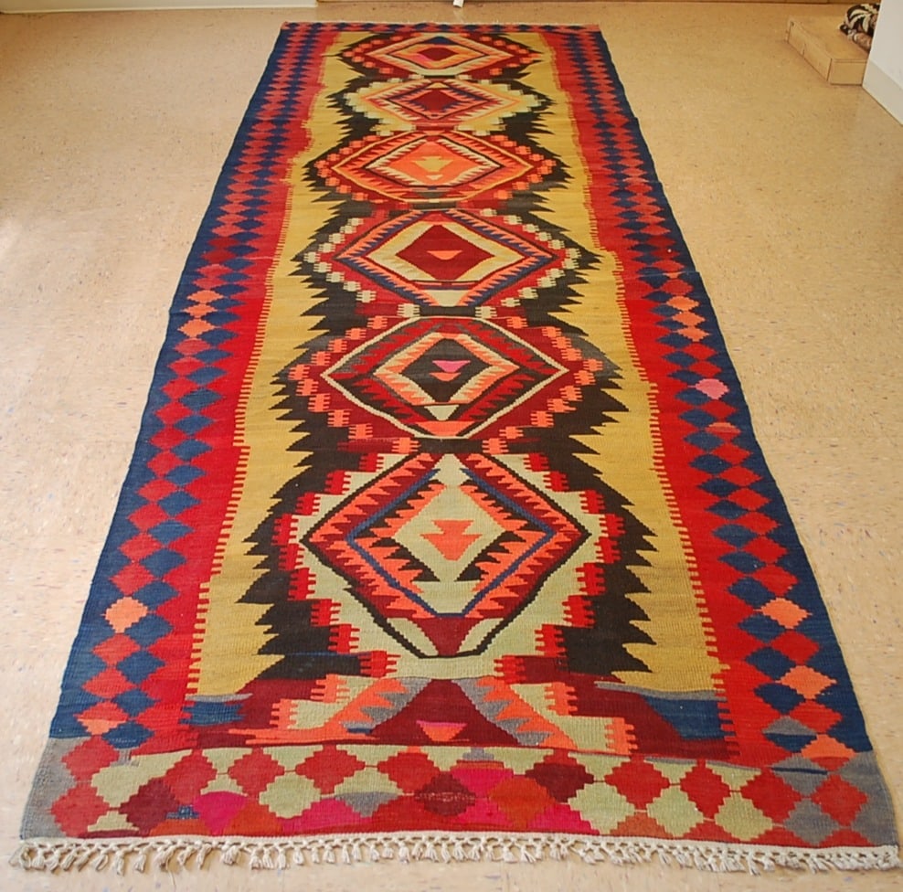 CAUCASIAN KILIM 4.7x13.8: Title: CAUCASIAN KILIM 4.7x13.8 Descritpion:ANTIQUE FINE WOVEN CAUCASIAN KILIM RUG FLAT WEAVE RUG ...........with exact size of 4' 7" x 13' 8" Caucasian design with many beautiful colors including Red