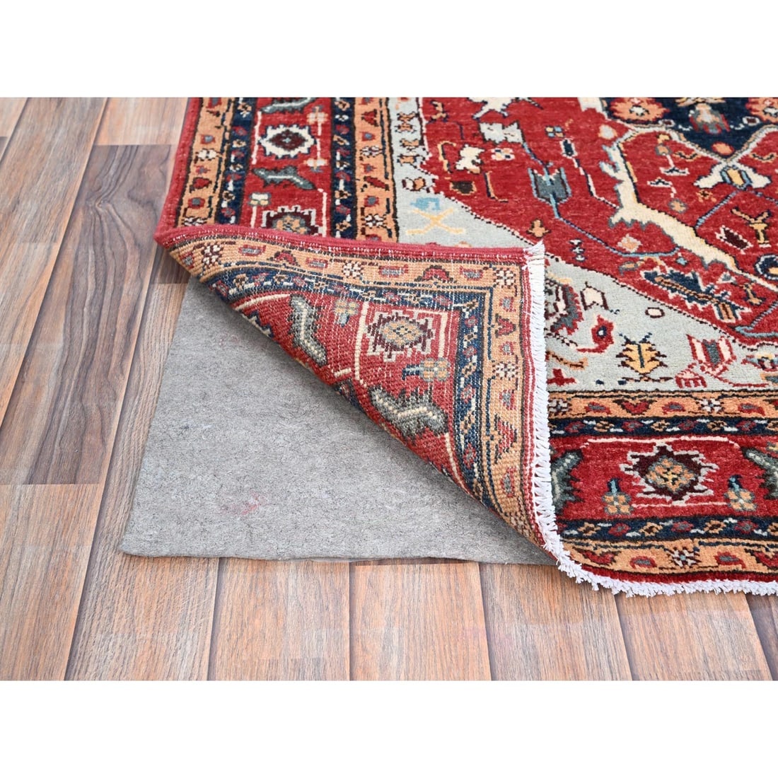 Smoke Gray Hand Knotted Peshawar Seeripe Heris Design Velvety Wool Rug - 3