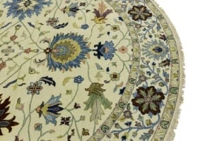 Cream Floral 10X10 Osh Chobi Peshawar Oriental Round Rug - 7