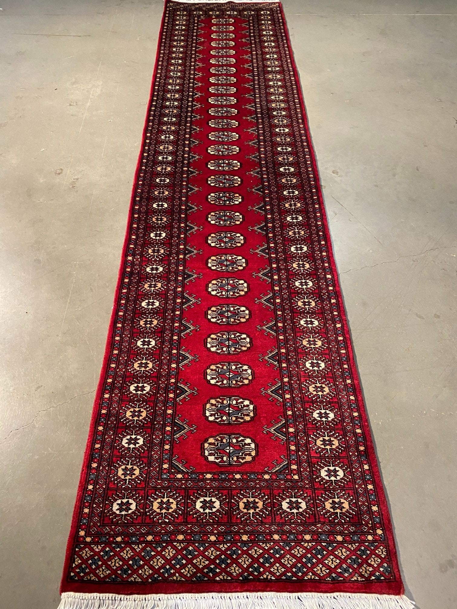 Authentic Bokhars Runner 2'.7" X 11': Title:Authentic Bokhars Runner 2'.7" X 11' Description:2'.7"X 11'.0" Fine Authentic Princess Bokhara Runner,Geometric pattern , in silky Red and other multi accent colors, 100% Natural Kork wool pile