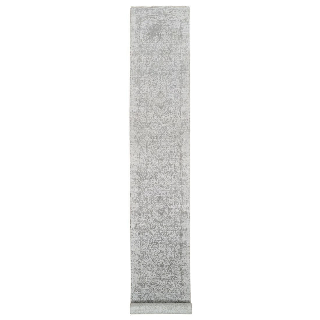 Gray, Wool and Silk Broken Persian Design, Hand Knotted, XL Runner Rug: Title: Gray, Wool and Silk Broken Persian Design, Hand Knotted, XL Runner Rug Description:This is a truly genuine one-of-a-kind. It has been Knotted for months and months in the centuries-old weaving 