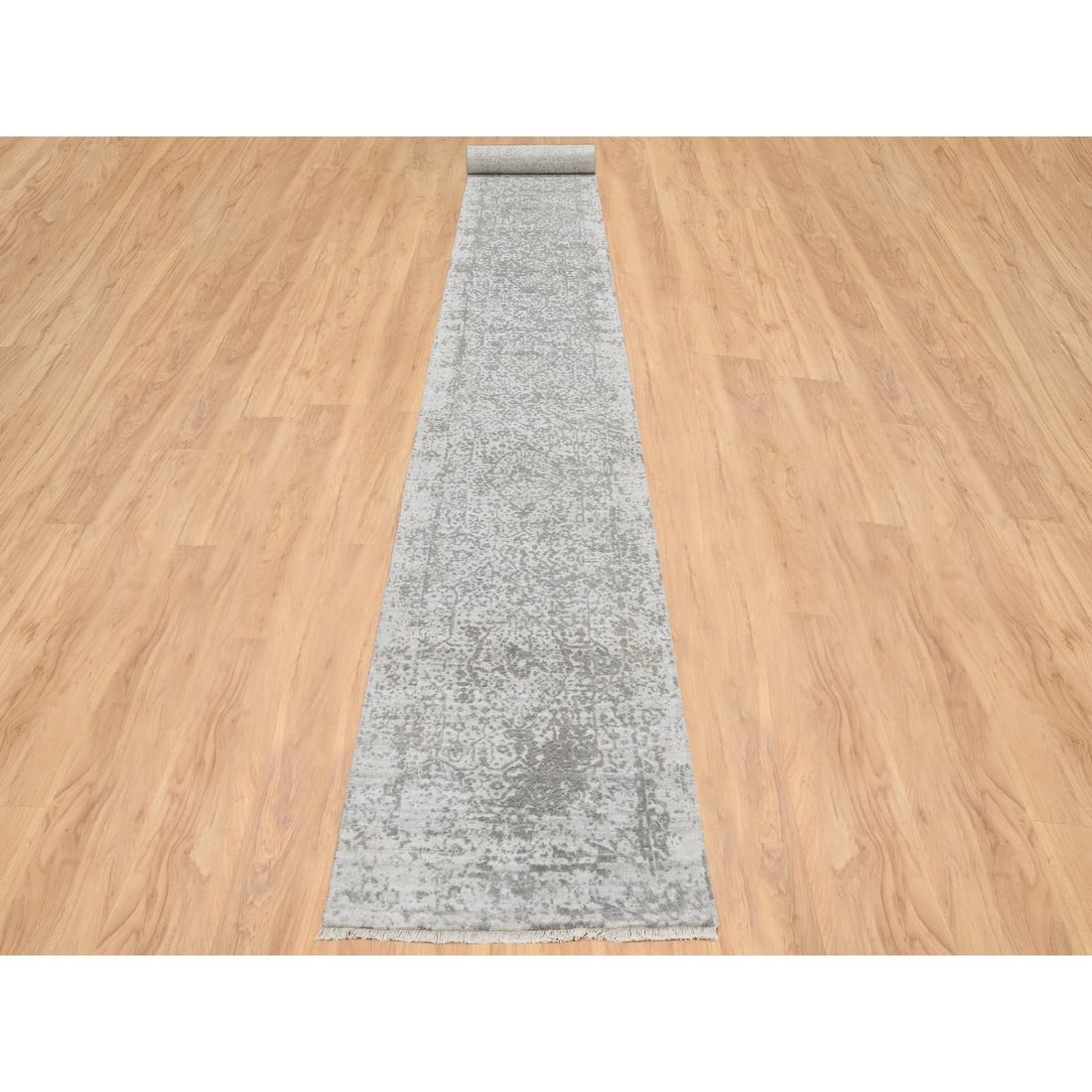 Gray, Wool and Silk Broken Persian Design, Hand Knotted, XL Runner Rug - 2