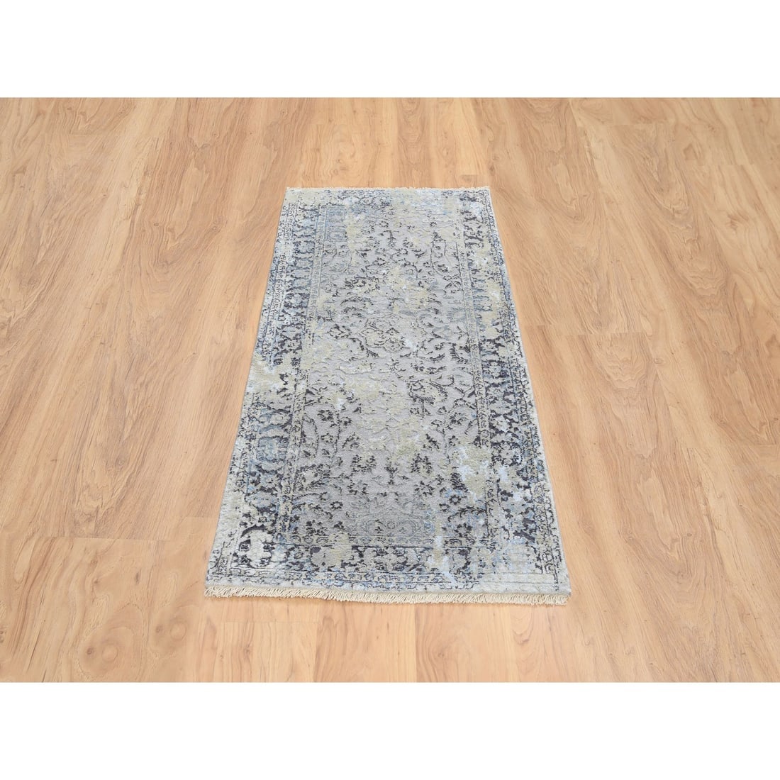 Gray, Hand Knotted Broken Kashan Design, Wool With Silk, Runner Rug - 2