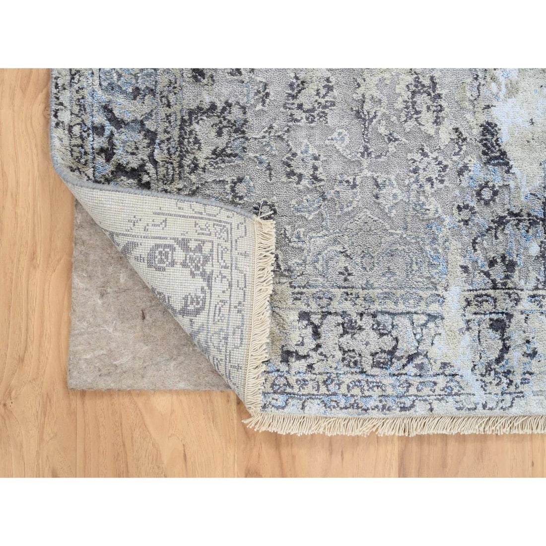 Gray, Hand Knotted Broken Kashan Design, Wool With Silk, Runner Rug - 3
