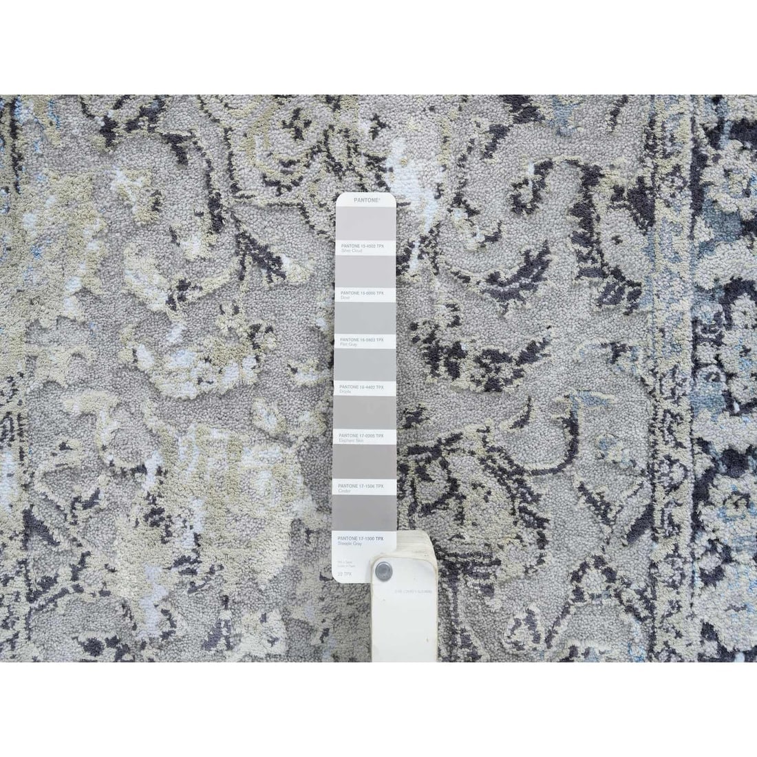 Gray, Hand Knotted Broken Kashan Design, Wool With Silk, Runner Rug - 4