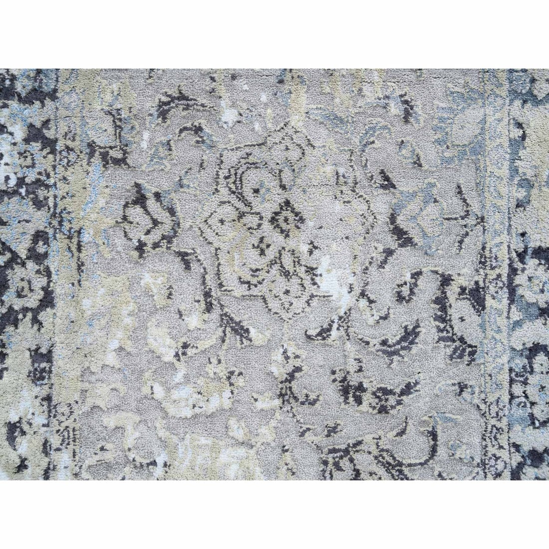 Gray, Hand Knotted Broken Kashan Design, Wool With Silk, Runner Rug - 5