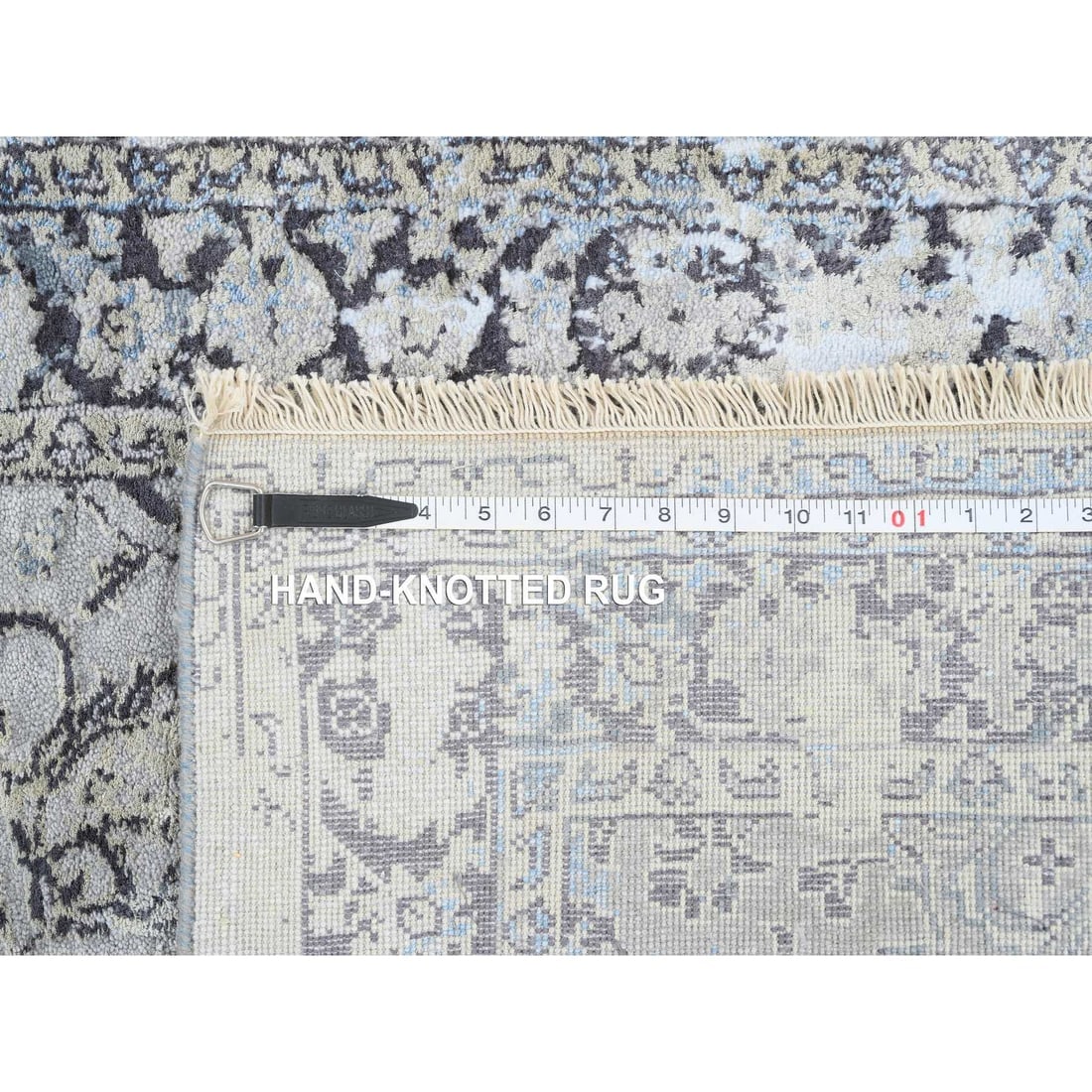Gray, Hand Knotted Broken Kashan Design, Wool With Silk, Runner Rug - 8