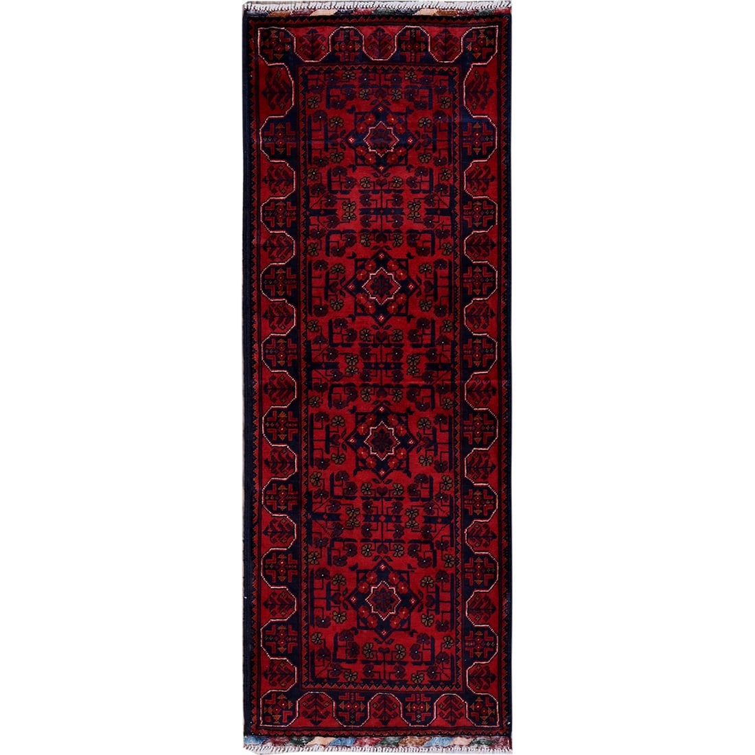 Red Afghan Khamyab with Tribal Motifs Hand Knotted All Wool Runner Rug: Title: Red Afghan Khamyab with Tribal Motifs Hand Knotted All Wool Runner Rug Description:This is a truly genuine one-of-a-kind. It has been Knotted for months and months in the centuries-old weaving