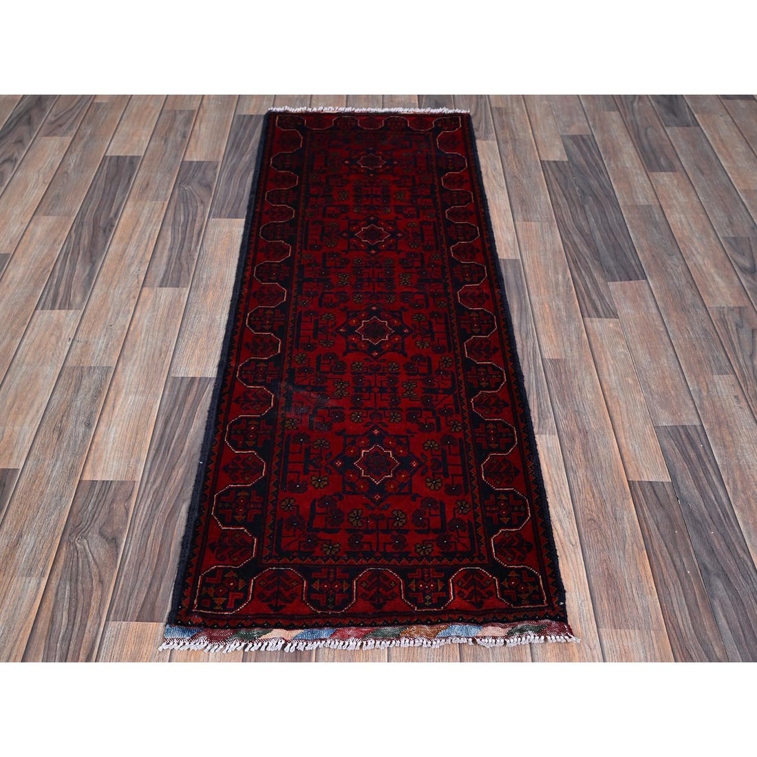 Red Afghan Khamyab with Tribal Motifs Hand Knotted All Wool Runner Rug - 2