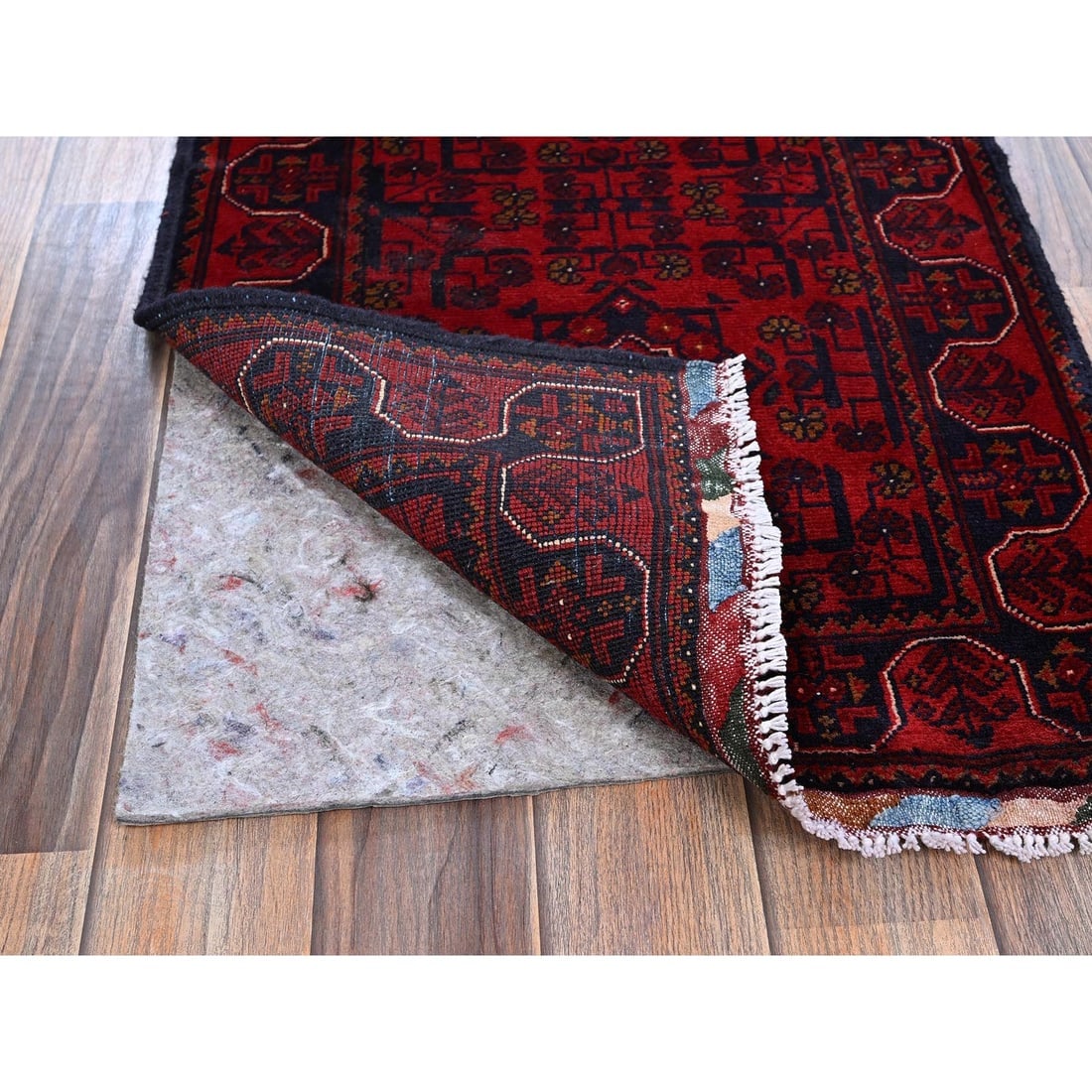 Red Afghan Khamyab with Tribal Motifs Hand Knotted All Wool Runner Rug - 3