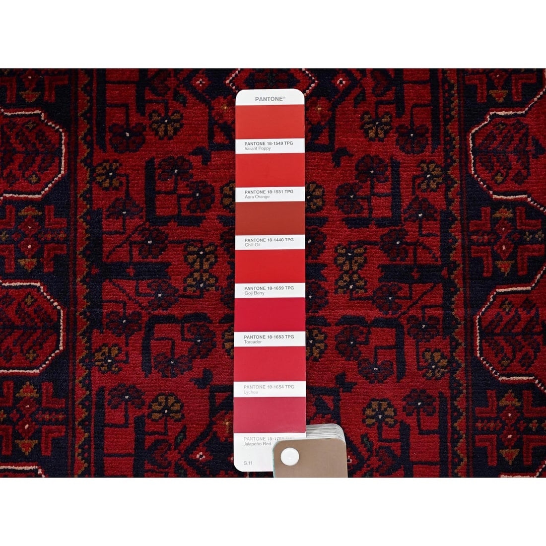 Red Afghan Khamyab with Tribal Motifs Hand Knotted All Wool Runner Rug - 4