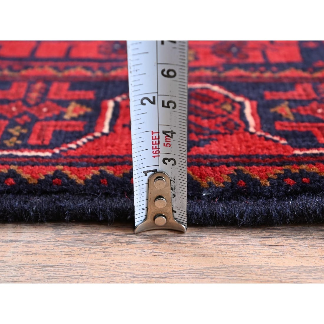 Red Afghan Khamyab with Tribal Motifs Hand Knotted All Wool Runner Rug - 6