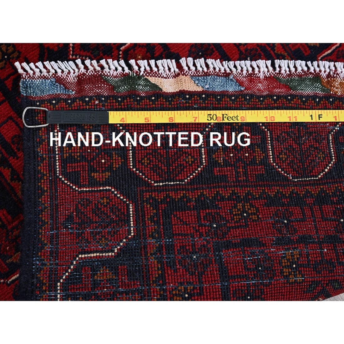 Red Afghan Khamyab with Tribal Motifs Hand Knotted All Wool Runner Rug - 7