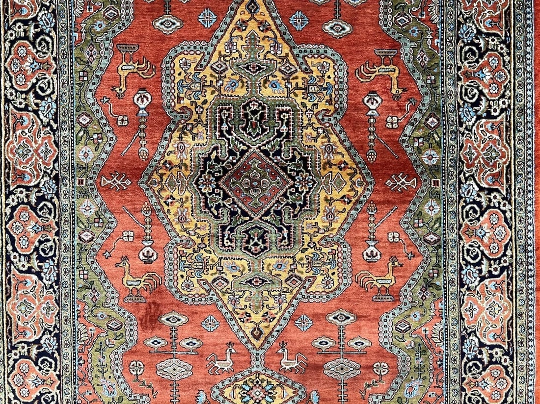 Hand Knotted Silk Ghome Rust Gold Birds Oriental Area Rug 3'4" x 5'1" - 3