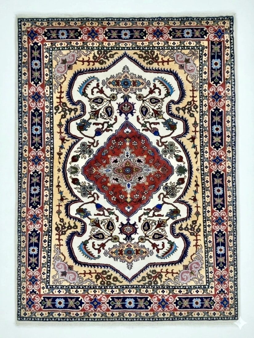 Hand Knotted Tribal Wool Ivory Honey Blue Oriental Area Rug Carpet 4'10" x 6'6": Title:Hand Knotted Persian Tabriz Wool Ivory Oriental Area Rug 4'10" x 6'6" Description:• Rug Number: D49 • Country of Origin: Iran • Style, Design: Persian Tabriz • Size (Ft): 4'1