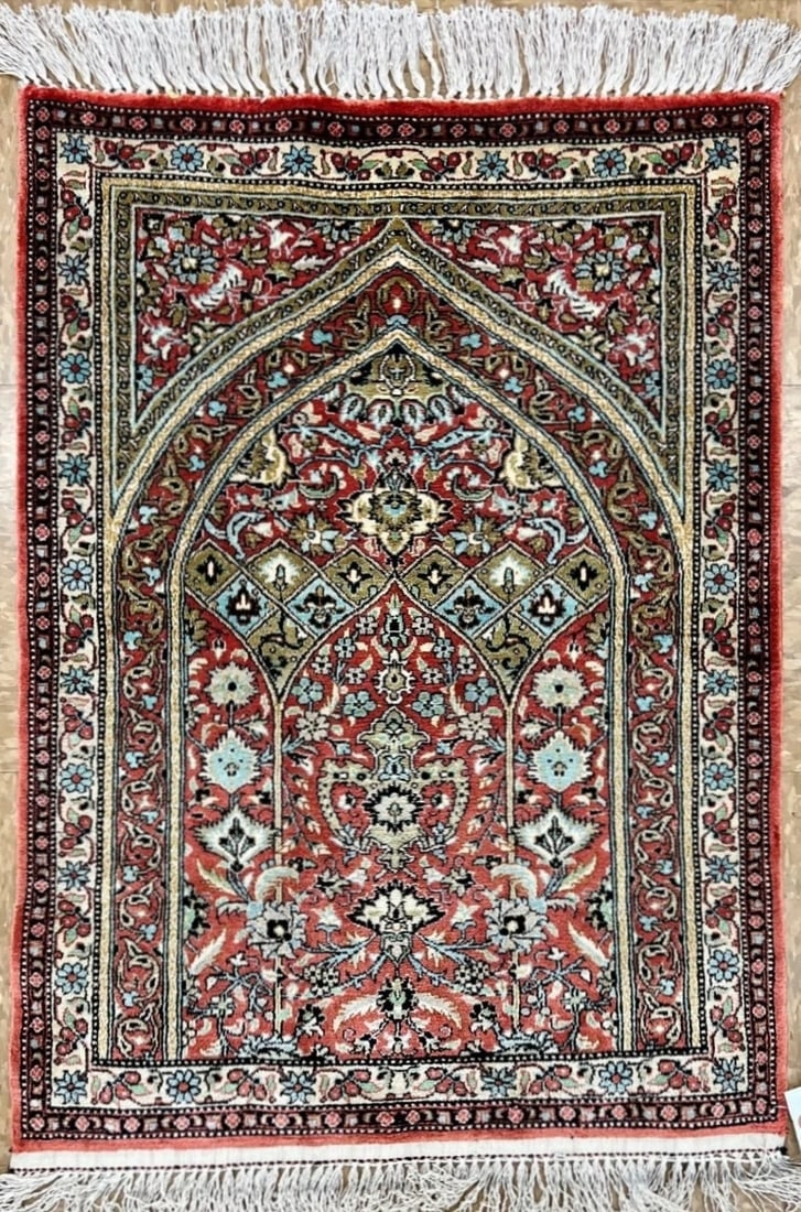 Hand Knotted Superb Silk Prayer Rust Oriental Area Rug 2'2" x 2'10": Title:Hand-Knotted Persian Qum 100% Silk Semi-Antique Islamic Prayer Oriental Rug 2'2"x2'10" Description:• Rug Number: 78 • Country of Origin: Iran • Style, Design: Persian Qum, Dom &bu