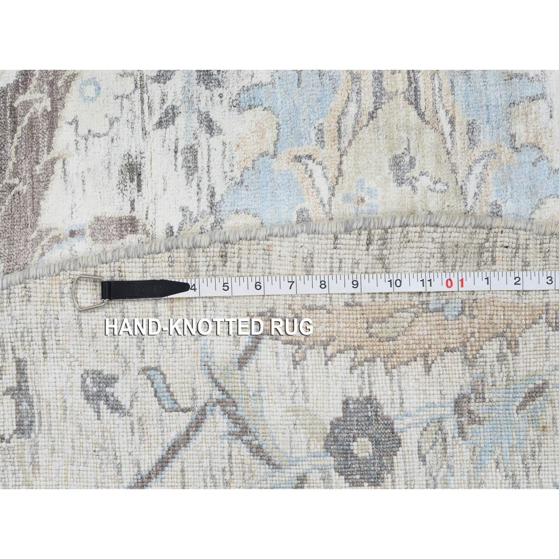 Ivory, Silk with Wool Hand Knotted, Sickle Leaf Design Round Rug - 12