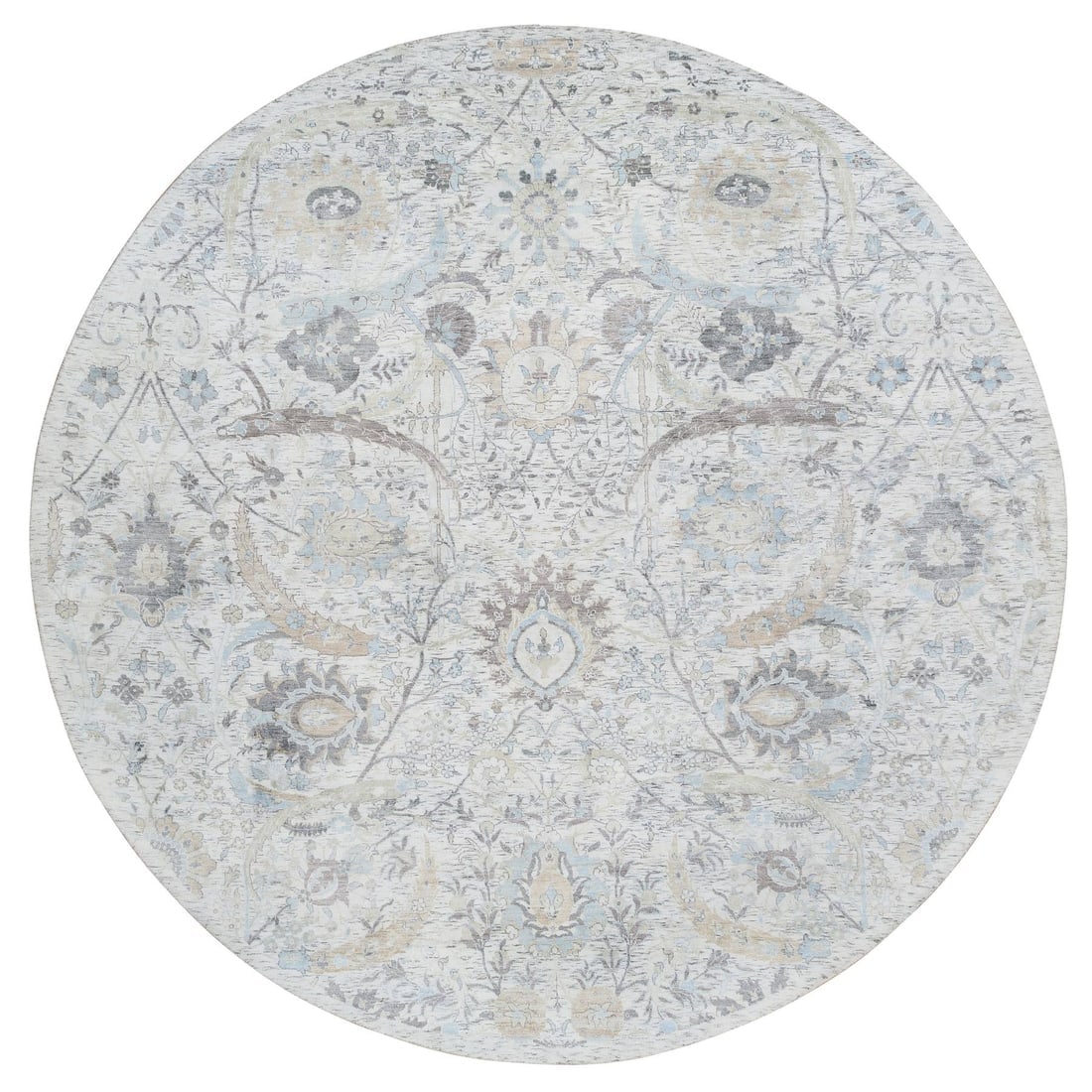 Ivory, Silk with Wool Hand Knotted, Sickle Leaf Design Round Rug: Title: Ivory, Silk with Wool Hand Knotted, Sickle Leaf Design Round Rug Description:This is a truly genuine one-of-a-kind. It has been Knotted for months and months in the centuries-old weaving crafts