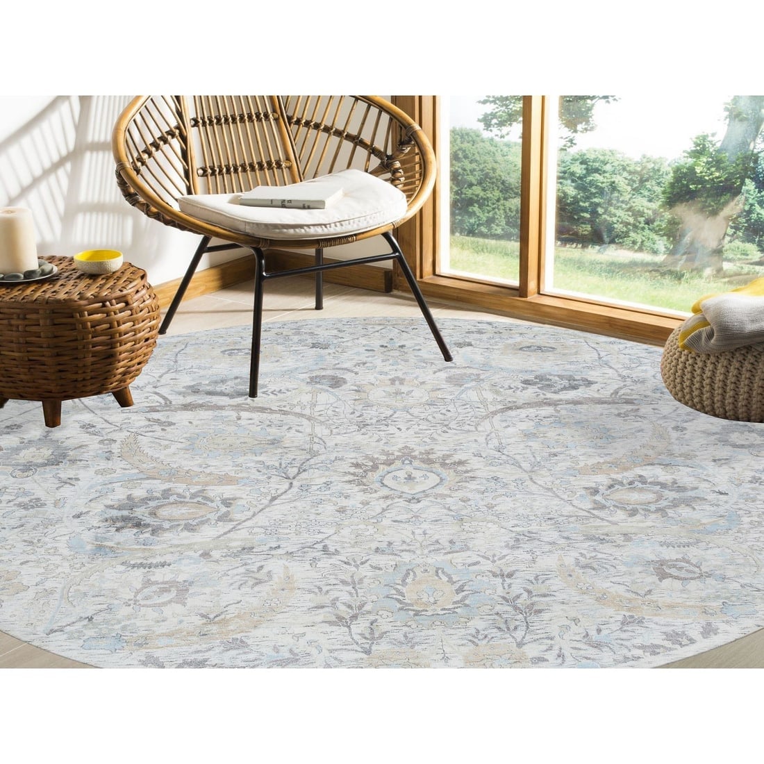 Ivory, Silk with Wool Hand Knotted, Sickle Leaf Design Round Rug - 2