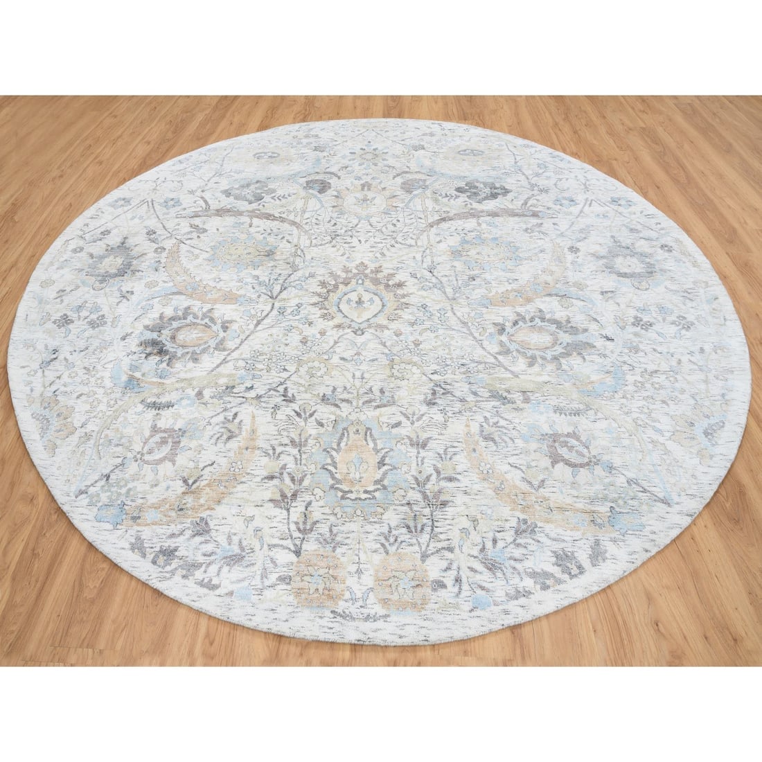 Ivory, Silk with Wool Hand Knotted, Sickle Leaf Design Round Rug - 3