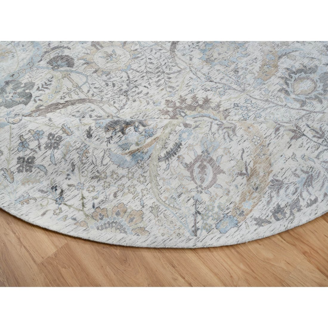 Ivory, Silk with Wool Hand Knotted, Sickle Leaf Design Round Rug - 7