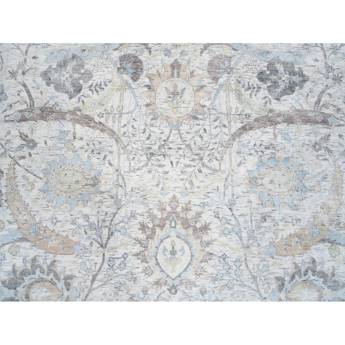 Ivory, Silk with Wool Hand Knotted, Sickle Leaf Design Round Rug - 9