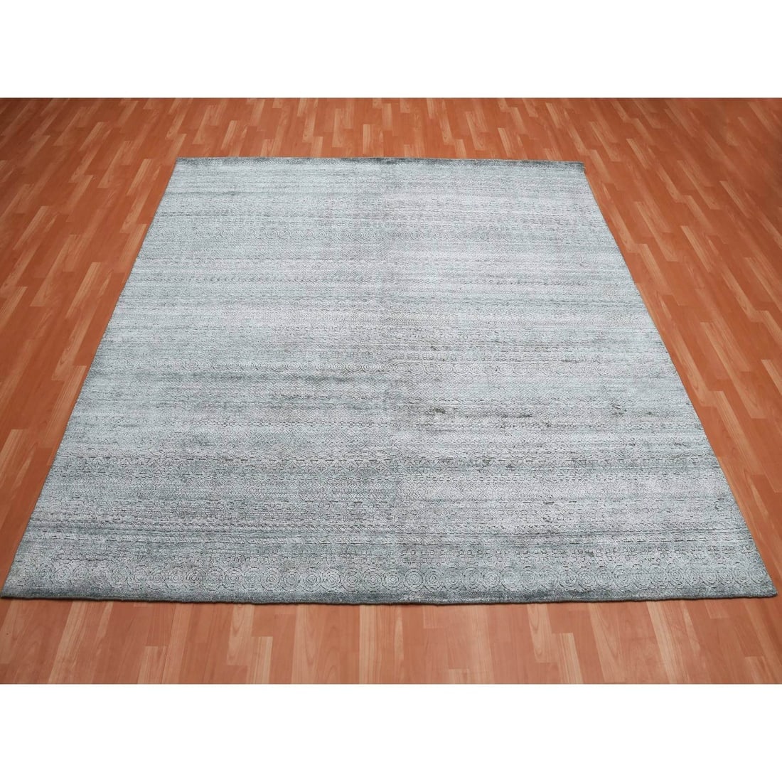 Gray, Plant Based Silk, Transitional Design Hand Knotted Square Rug - 2