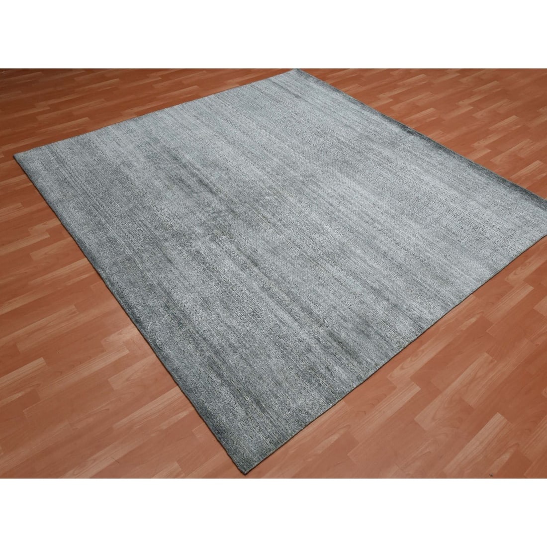 Gray, Plant Based Silk, Transitional Design Hand Knotted Square Rug - 3