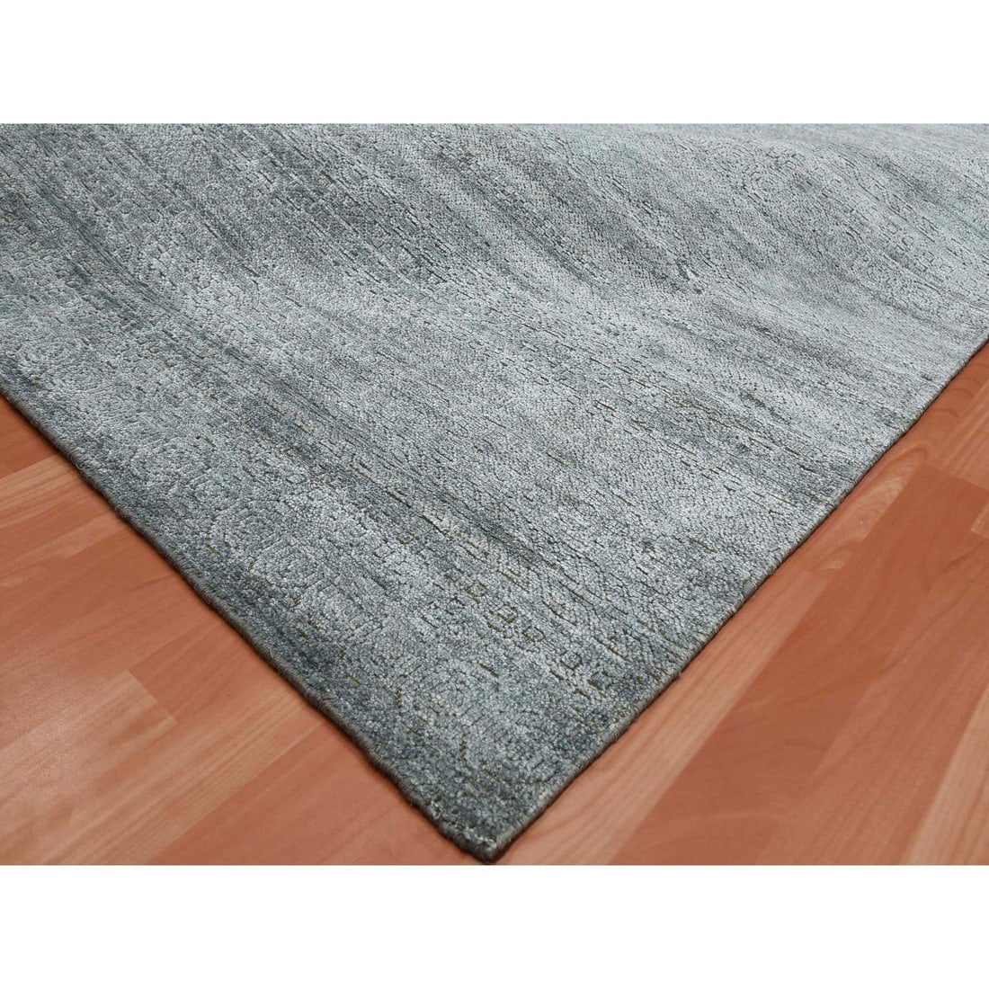 Gray, Plant Based Silk, Transitional Design Hand Knotted Square Rug - 6