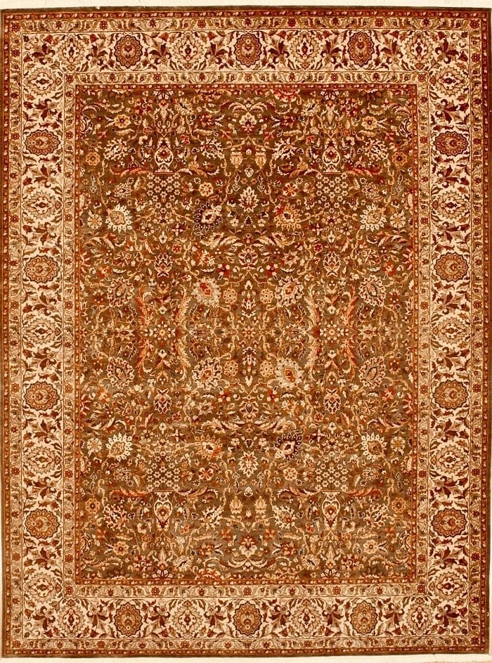Hand-Knotted Green Wool Oriental Rug Traditional Design Carpet 8'9" x 11'8": Title:Hand Knotted Indo-Tabriz Rug 8'9"x11'8" Green Wool Oriental Carpet New Description:• Rug Number: 48355 • Country of Origin: India • Style, Design: Persian Tabriz, Floral, All-Over