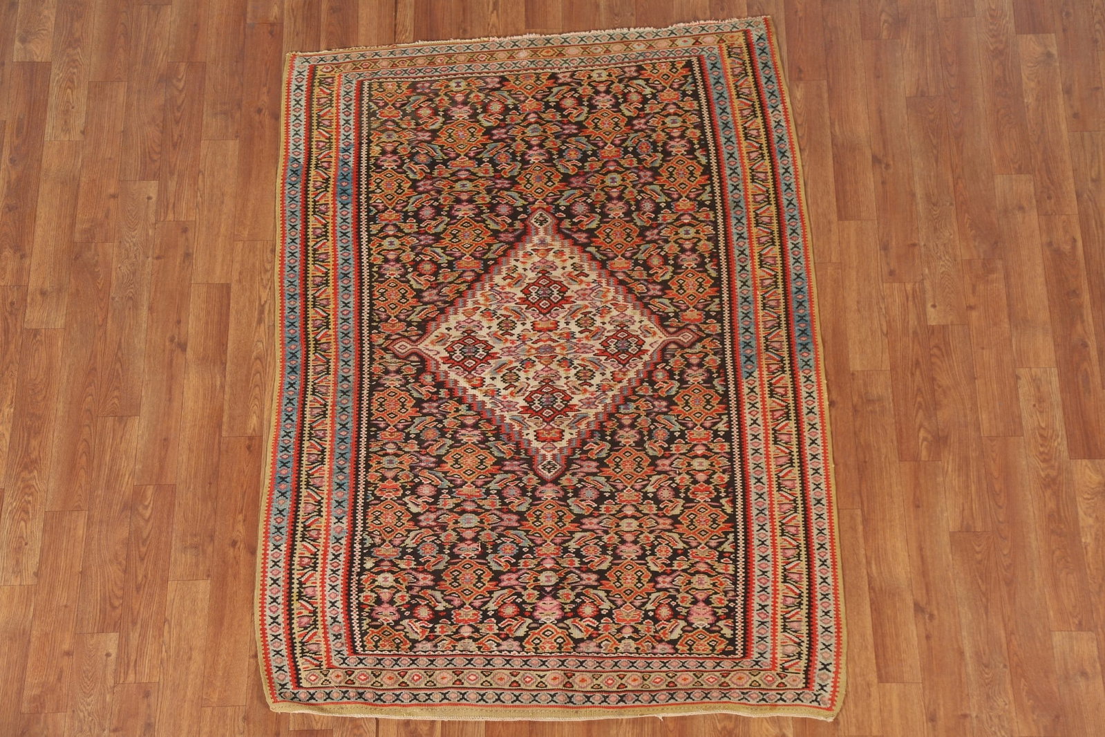 Pre-1900 Vegetable Dye Senneh Kilim Persian Rug 4x5: Title: Pre-1900 Vegetable Dye Senneh Kilim Persian Rug 4x5 Description:A Beautiful Genuine Iran ( Persia ) Senneh (Kilim) rug is Hand Woven by skillful weavers in Iran ( Persia ) with